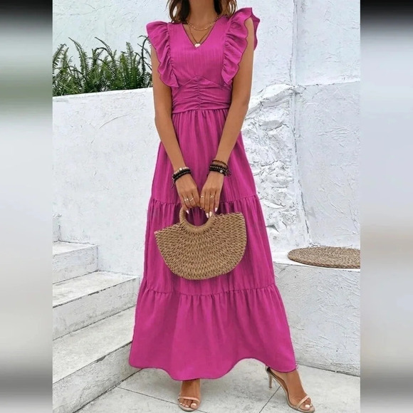 . Dresses & Skirts - Solid Ruched Ruffle Hem Dress